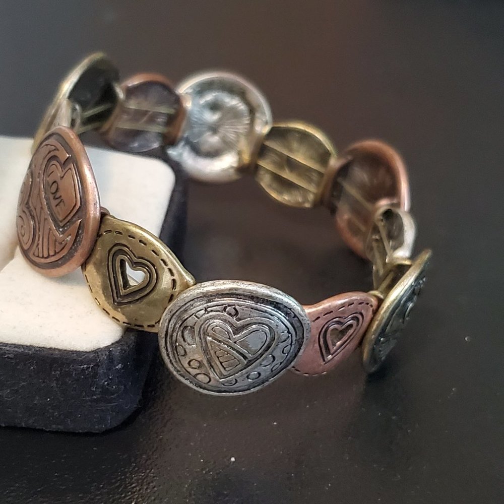 4 Tone Love Theme Stretch Bracelet Hearts Bronze